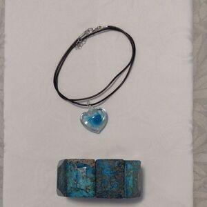 Blue Heart Glass Pendant Necklace with Black Cord And Chunky Bracket